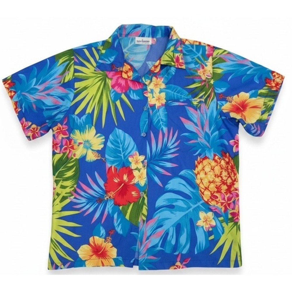 King Kameha Hawaiian Shirt Womens Large Blue Tropical Floral Pineapple S/S